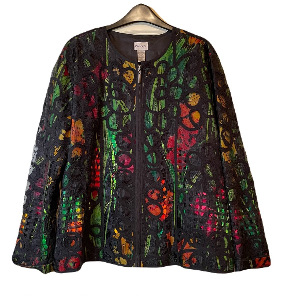 Chico’s Multi Floral with Black Embroidery Mesh Overlay Jacket Chico’s size 3 XL